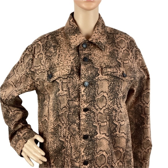 Free People Denim Trucker Jacket Size S Snake Print Brown - Picture 2 of 7